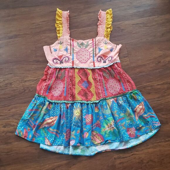 Farm Rio Tropical Mini Dress XL Chic Feminine Summer Embroided Cotton Tiered - Picture 2 of 12